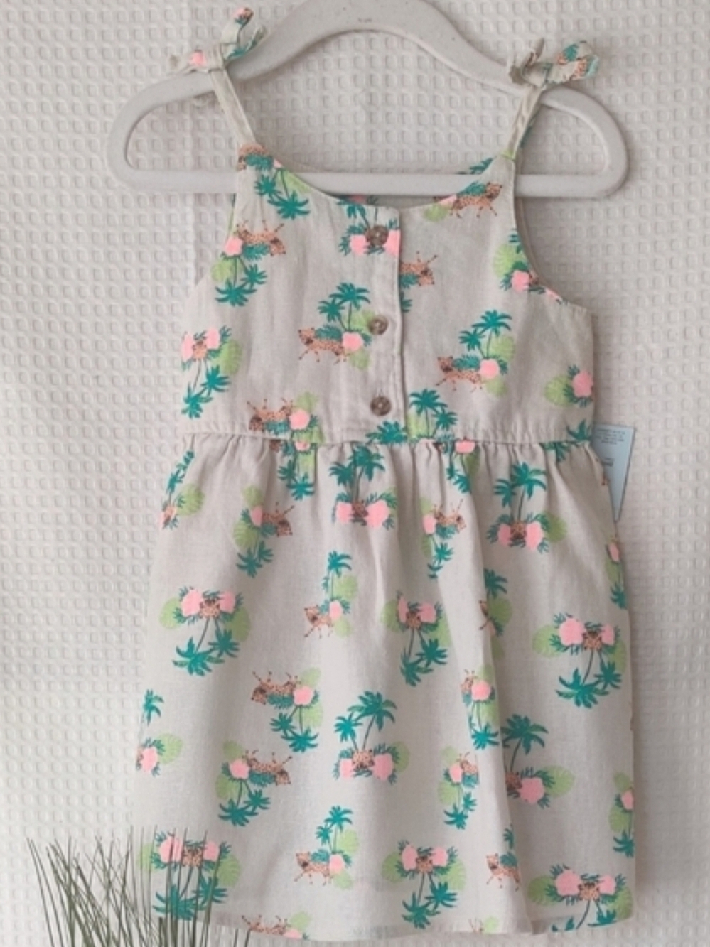 Girls Beige Tropical Print Sundress with Pink and Green Accents